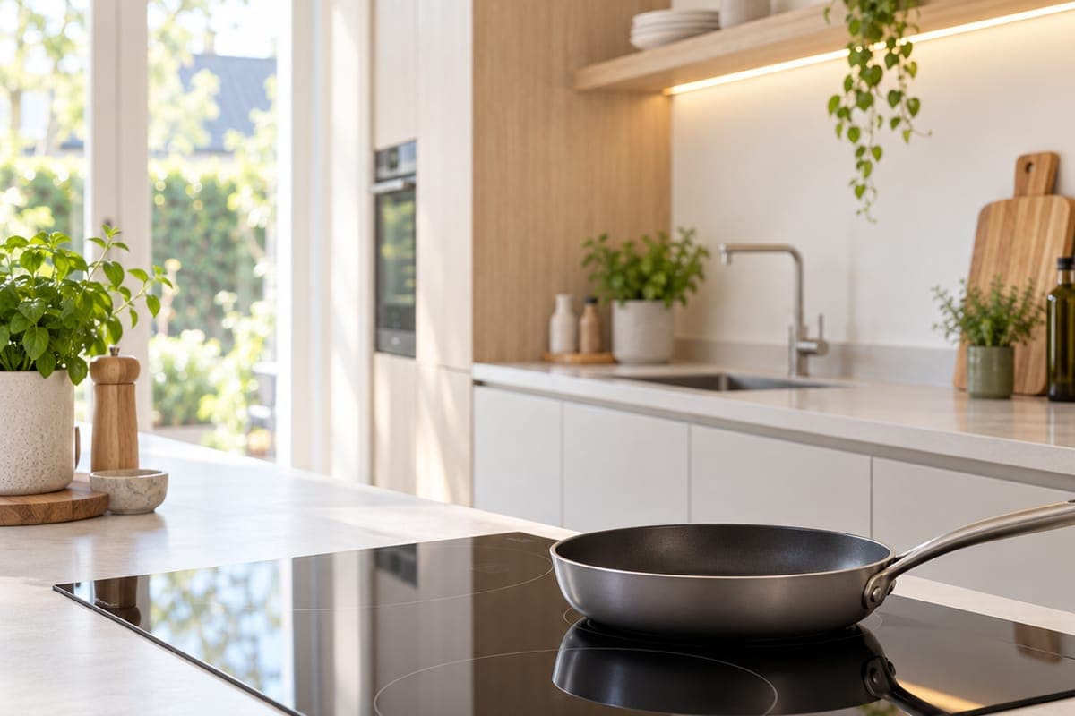 Inductiekookplaat met een pan in een lichte keuken
